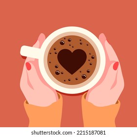 Vector illustration of female hands holding a cup of coffee with foam. Top view of a table in a cafe. Warm time in autumn. Hot coffee with a heart.