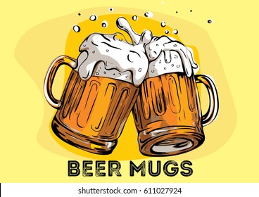 Vector image of two mugs of beer. Drinks with a lot of foam.