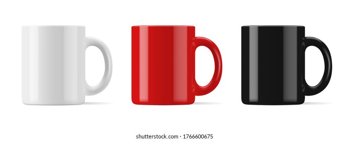 Vector realistic mockup (template, layout) of a mug for drinks front view. White, black, red blank isolated cup. EPS 10