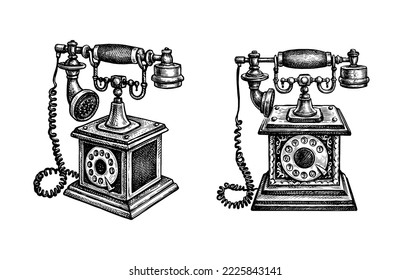 Vintage phones. Ink sketch isolated on white background. Hand drawn vector illustration. Retro style.