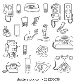 Vintage Phones, and modern Phones, hand drawn set, vector illustration