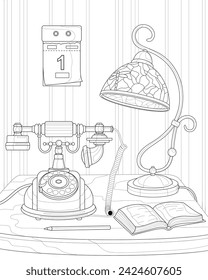 Vintage telephone and table lamp on the nightstand. Interior. Coloring book for adults.