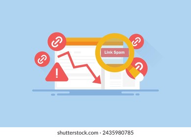 Website hit by search engine core update, website losing ranking and traffic for building spam links, manual action for link spamming - vector illustration with icons