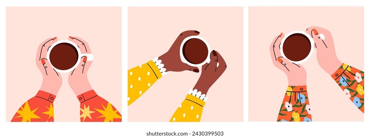 Women's hands holding coffee or tea cups