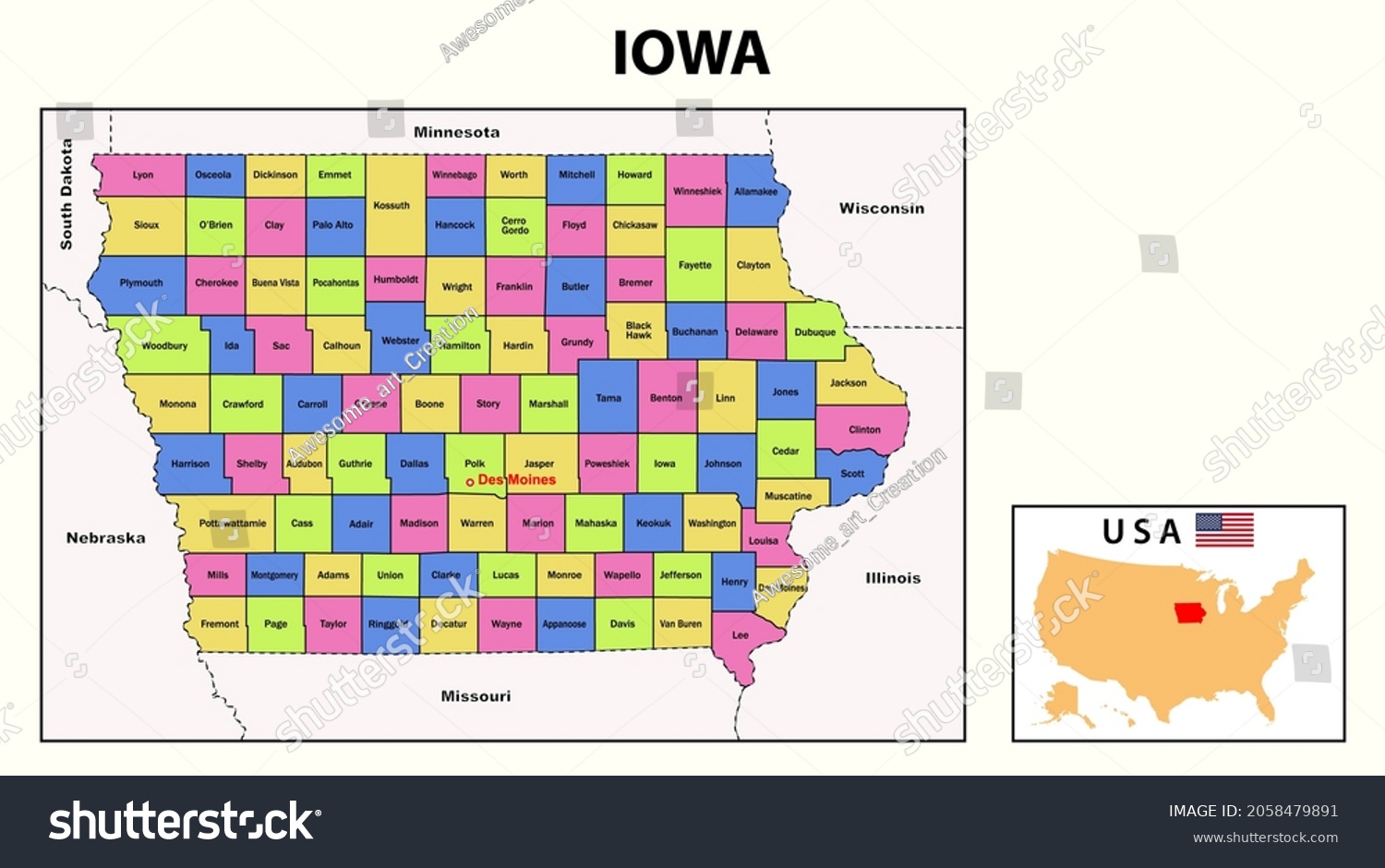 Iowa Map. State and district map of Iowa. - Royalty Free Stock Vector ...