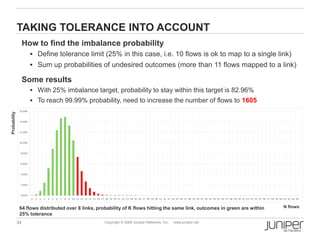 34 Copyright © 2009 Juniper Networks, Inc. www.juniper.net
TAKING TOLERANCE INTO ACCOUNT
How to find the imbalance probability
 Define tolerance limit (25% in this case, i.e. 10 flows is ok to map to a single link)
 Sum up probabilities of undesired outcomes (more than 11 flows mapped to a link)
Some results
 With 25% imbalance target, probability to stay within this target is 82.96%
 To reach 99.99% probability, need to increase the number of flows to 1605
0.00%
2.00%
4.00%
6.00%
8.00%
10.00%
12.00%
14.00%
16.00%
0 1 2 3 4 5 6 7 8 9 10 11 12 13 14 15 16 17 18 19 20 21 22 23 24 25 26 27 28 29 30 31 32 33 34 35 36 37 38 39 40 41 42 43 44 45 46 47 48 49 50 51 52 53 54 55 56 57 58 59 60 61 62 63 64
64 flows distributed over 8 links, probability of K flows hitting the same link, outcomes in green are within
25% tolerance
N flows
Probability
 