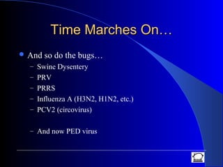 Time Marches On…Time Marches On…
 And so do the bugs…
– Swine Dysentery
– PRV
– PRRS
– Influenza A (H3N2, H1N2, etc.)
– PCV2 (circovirus)
– And now PED virus
 