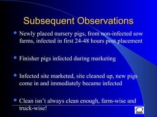 Subsequent ObservationsSubsequent Observations
 Newly placed nursery pigs, from non-infected sow
farms, infected in first 24-48 hours post placement
 Finisher pigs infected during marketing
 Infected site marketed, site cleaned up, new pigs
come in and immediately became infected
 Clean isn’t always clean enough, farm-wise and
truck-wise!
 