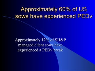 Approximately 60% of USApproximately 60% of US
sows have experienced PEDvsows have experienced PEDv
Approximately 12% of SH&P
managed client sows have
experienced a PEDv break
 