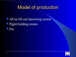 Model of productionModel of production
All in/All out farrowing rooms
Piglet holding rooms
Etc.
 