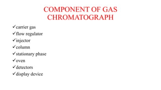 COMPONENT OF GAS
CHROMATOGRAPH
carrier gas
flow regulator
injector
column
stationary phase
oven
detectors
display device
 