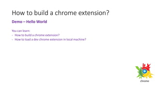 How to build a chrome extension?
Demo – Hello World
You can learn:
- How to build a chrome extension?
- How to load a dev chrome extension in local machine?
 