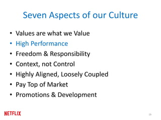 Seven Aspects of our Culture
• Values are what we Value
• High Performance
• Freedom & Responsibility
• Context, not Control
• Highly Aligned, Loosely Coupled
• Pay Top of Market
• Promotions & Development
19
 