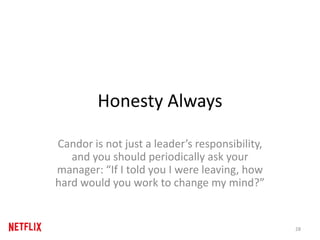 Honesty Always
Candor is not just a leader’s responsibility,
and you should periodically ask your
manager: “If I told you I were leaving, how
hard would you work to change my mind?”
28
 