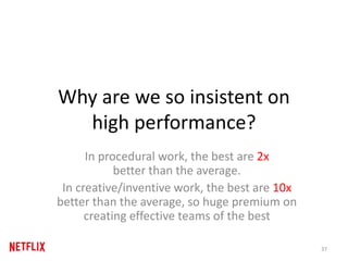 Why are we so insistent on
high performance?
In procedural work, the best are 2x
better than the average.
In creative/inventive work, the best are 10x
better than the average, so huge premium on
creating effective teams of the best
37
 