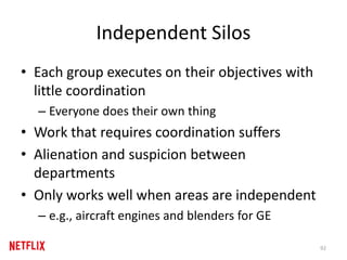 Independent Silos
• Each group executes on their objectives with
little coordination
– Everyone does their own thing
• Work that requires coordination suffers
• Alienation and suspicion between
departments
• Only works well when areas are independent
– e.g., aircraft engines and blenders for GE
92
 