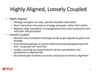 Highly Aligned, Loosely Coupled
• Highly Aligned
– Strategy and goals are clear, specific, broadly understood
– Team interactions focused on strategy and goals, rather than tactics
– Requires large investment in management time to be transparent and
articulate and perceptive
• Loosely Coupled
– Minimal cross-functional meetings except to get aligned on goals and
strategy
– Trust between groups on tactics without previewing/approving each
one – so groups can move fast
– Leaders reaching out proactively for ad-hoc coordination and
perspective as appropriate
– Occasional post-mortems on tactics necessary to increase alignment
94
 