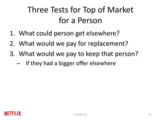 Three Tests for Top of Market
for a Person
1. What could person get elsewhere?
2. What would we pay for replacement?
3. What would we pay to keep that person?
– If they had a bigger offer elsewhere
98Confidential
 