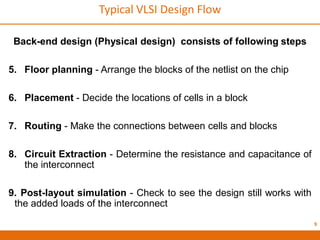 9
Back-end design (Physical design) consists of following steps
5. Floor planning - Arrange the blocks of the netlist on the chip
6. Placement - Decide the locations of cells in a block
7. Routing - Make the connections between cells and blocks
8. Circuit Extraction - Determine the resistance and capacitance of
the interconnect
9. Post-layout simulation - Check to see the design still works with
the added loads of the interconnect
Typical VLSI Design Flow
 