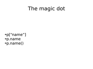 The magic dot p[“name”] p.name p.name() 