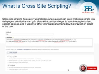 What is Cross Site Scripting? Cross-site scripting holes are vulnerabilities where a user can inject malicious scripts into web pages, an attacker can gain elevated access-privileges to sensitive page-content, session cookies, and a variety of other information maintained by the browser on behalf of the user. 