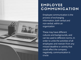 Employee communication is the
process of exchanging
information, both verbal and
non-verbal, within an
organization
These may have different
cultures and backgrounds, and
can be used to different norms. In
order to unite the activities of all
employees and restrain from any
missed deadline or activity that
could affect the company
negatively, communication is
crucia
EMPLOYEE
COMMUNICATION
 