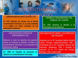 JURISPRUDENCIA NORTEAMERICANA
En 1957 apareció por primera vez el término
consentimiento informado, en un juicio entablado
a un médico por daños derivados de una
arteriografía traslumbar
.ASOCIACION DE CLINICAS DE
NORTEAMERICA 1970
Elaboran la carta de derechos del paciente
donde se incorpora el derecho a brindar su
consentimiento informado a una propuesta de
intervención médica
ASAMBLEA PARLAMENTARIA DEL
CONSEJO DE EUROPA
En 1976 reconoce el derecho a la
información de los enfermos.
DECLARACION DE LISBOA : LOS DERECHOS
DEL PACIENTE
Adoptada por la 34ª Asamblea Médica Mundial
Lisboa, Portugal, Septiembre/Octubre 1981 y
enmendada por la 47ª Asamblea General Bali,
Indonesia, Septiembre 1995 y revisada su
redacción en la 171ª Sesión del Consejo,
Santiago, Chile, octubre 2005En 1986 en España se reconoce el
derecho al consentimiento informado.
 