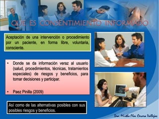 • Donde se da información veraz al usuario
(salud, procedimientos, técnicas, tratamientos
especiales) de riesgos y beneficios, para
tomar decisiones y participar.
• Paez Pinilla (2009)
Aceptación de una intervención o procedimiento
por un paciente, en forma libre, voluntaria,
consciente.
Así como de las alternativas posibles con sus
posibles riesgos y beneficios.
 