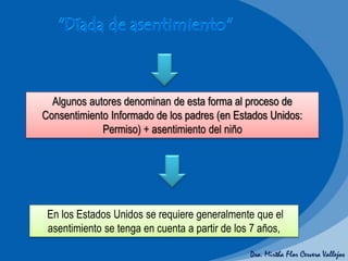 Dra. Mirtha Flor Cervera Vallejos
Algunos autores denominan de esta forma al proceso de
Consentimiento Informado de los padres (en Estados Unidos:
Permiso) + asentimiento del niño
En los Estados Unidos se requiere generalmente que el
asentimiento se tenga en cuenta a partir de los 7 años,
 