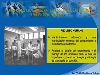 RECURSO HUMANO
 Mantenimiento adecuado y una
manipulación correcta del equipamiento e
instalaciones modernas.
 Realizar el diseño del experimento y el
manejo de los animales para lo cual es
importante conocer la biología y etiología
de la especie en cuestión.
 