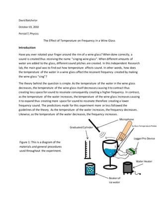 DavidBatchelor
October19, 2010
Period7, Physics
The Effect of Temperature on Frequency in a Wine Glass
Introduction
Have you ever rotated your finger around the rim of a wine glass? When done correctly, a
sound is created thus receiving the name “singing wine glass”. When different amounts of
water are added to the glass, different sound pitches are created. In this Independent Research
lab, the main goal was to find out how temperature affects sound. In other words, how does
the temperature of the water in a wine glass affect the resonant frequency created by making
the wine glass “sing”?
The theory behind the question is simple. As the temperature of the water in the wine glass
decreases, the temperature of the wine glass itself decreases causing it to contract thus
creating less space for sound to resonate consequently creating a higher frequency. In contrast,
as the temperature of the water increases, the temperature of the wine glass increases causing
it to expand thus creating more space for sound to resonate therefore creating a lower
frequency sound. The predictions made for this experiment more or less followed the
guidelines of the theory. As the temperature of the water increases, the frequency decreases.
Likewise, as the temperature of the water decreases, the frequency increases.
1
2
3
Microphone
LoggerPro Device
Water Heater
GraduatedCylinder
Beakerof
ice water
Surface TemperatureProbes
Figure 1: This is a diagram of the
materials and general procedures
used throughout the experiment.
 