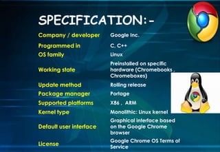 SPECIFICATION:-
Company / developer Google Inc.
Programmed in C, C++
OS family Linux
Working state
Preinstalled on specific
hardware (Chromebooks ,
Chromeboxes)
Update method Rolling release
Package manager Portage
Supported platforms X86 , ARM
Kernel type Monolithic: Linux kernel
Default user interface
Graphical interface based
on the Google Chrome
browser
License
Google Chrome OS Terms of
Service
 