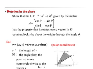 6 - 12
Show that the L.T. given by the matrix
has the property that it rotates every vector in R2
counterclockwise about the origin through the angle θ.

Rotation in the planeRotation in the plane
22
: RRT →
cos sin
sin cos
A
θ θ
θ θ
− 
=  
 
Sol:
( , ) ( cos , sin )v x y r rα α= = (polar coordinates)
r ： the length of v
 ： the angle from the
positive x-axis
counterclockwise to the
 