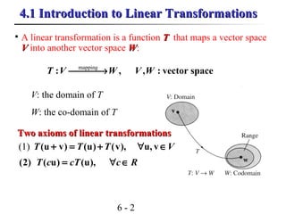 6 - 2
4.1 Introduction to Linear Transformations4.1 Introduction to Linear Transformations

A linear transformation is a function TT that maps a vector space
VV into another vector space WW:
mapping
: , , : vector spaceT V W V W→
V: the domain of T
W: the co-domain of T
(1) (u v) (u) (v), u, vT T T V+ = + ∀ ∈
(2) ( u) (u),T c cT c R= ∀ ∈
Two axioms of linear transformationsTwo axioms of linear transformations
 