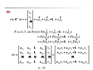 6 - 35
Pf:Pf: 1
2
1 1 2 2
n
n n
n
v
v
v R v v e v e v e
v
 
 
 ∈ ⇒ = = + + +
 
 
 
r r r
L
M
is a L.T. 1 1 2 2
1 1 2 2
1 1 2 2
(v) ( )
( ) ( ) ( )
( ) ( ) ( )
n n
n n
n n
T T T v e v e v e
T v e T v e T v e
v T e v T e v T e
⇒ = + + +
= + + +
= + + +
r r r
L
r r r
L
r r r
L
11 12 1 1 11 1 12 2 1
21 22 2 2 21 1 22 2 2
1 2 1 1 2 2
v
n n n
n n n
m m mn n m m mn n
a a a v a v a v a v
a a a v a v a v a v
A
a a a v a v a v a v
+ + +     
     + + +     = =
     
     
+ + +     
L L
L L
M M O M M M
L L
 
