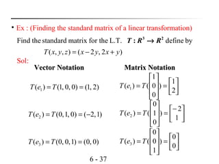 6 - 37

Ex : (Finding the standard matrix of a linear transformation)
Find the standard matrix for the L.T. define by3 2
:T R R→
)2,2(),,( yxyxzyxT +−=
Sol:
)2,1()0,0,1()( 1 == TeT
)1,2()0,1,0()( 2 −== TeT
)0,0()1,0,0()( 3 == TeT
2
1
)
0
0
1
()( 1 



=








= TeT
1
2
)
0
1
0
()( 2 


−
=








= TeT
0
0
)
1
0
0
()( 3 



=








= TeT
Vector Notation Matrix NotationVector Notation Matrix Notation
 