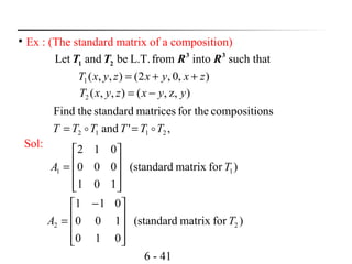 6 - 41

Ex : (The standard matrix of a composition)
Let and be L.T.from into such that3 3
1 2T T R R
),0,2(),,(1 zxyxzyxT ++=
),z,(),,(2 yyxzyxT −=
,'and
nscompositiofor thematricesstandardtheFind
2112 TTTTTT  ==
Sol:
)formatrixstandard(
101
000
012
11 TA










=
)formatrixstandard(
010
100
011
22 TA









 −
=
 