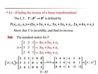 6 - 45

Ex : (Finding the inverse of a linear transformation)
The L.T. is defined by3 3
:T R R→
1 2 3 1 2 3 1 2 3 1 2 3( , , ) (2 3 , 3 3 , 2 4 )T x x x x x x x x x x x x= + + + + + +
Sol:Sol:
142
133
132
formatrixstandardThe










=A
T
1 2 3
1 2 3
1 2 3
2 3
3 3
2 4
x x x
x x x
x x x
¬ + +
¬ + +
¬ + +
3
2 3 1 1 0 0
3 3 1 0 1 0
2 4 1 0 0 1
A I
 
 =    
  
Show that T is invertible, and find its inverse.
. . 1
1 0 0 1 1 0
0 1 0 1 0 1
0 0 1 6 2 3
G J E
I A−
− 
   → − =   
 − − 
 