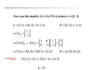 6 - 51
to findse the matrix (v),where v (2, 1)Now u A T =
)1,1(1)2,1(1)1,2( −−==v
[ ] 



−
=⇒
1
1
Bv
[ ] [ ] 



=



−



−
==⇒
3
3
1
1
30
03
)( ' BB AT vv
)3,3()1,0(3)0,1(3)( =+=⇒ vT )}1,0(),0,1{('=B
)}1,1(),2,1{( −=B
)3,3()12(2),12()1,2( =−+=T
Check:
 