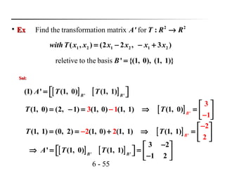 6 - 55

ExEx
Sol:Sol:
[ ] '
(1, 0) (2, 1) (1, 0) (1, 1) (1,
3
1
)3 01 B
T T−
−
 
= − = ⇒ =  
 
Find the transformation matrix for 2 2
:A' T R R→
1 2 1 2 1 2( , ) (2 2 , 3 )with T x x x x x x= − − +
reletive to the basis ' {(1, 0), (1, 1)}B =
[ ] '
(1, 1) (0, 2) (1, 0) (1, 1) (1,
2
2
)2 12 B
T T
 
= = + ⇒ =  

−

−
[ ] [ ]' '
3 2
' (1, 0) (1, 1)
1 2B B
A T T
− 
 ⇒ = =    − 
[ ] [ ]' '
(I) ' (1, 0) (1, 1)B B
A T T =  
 