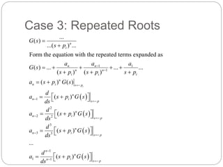 Case 3: Repeated Roots 
n n 
n n 
i i i 
G s 
n i s p 
i 
  
n i 
  
1 1 
1 
1 
2 
2 2 
3 
3 
... 
( ) 
n 
...( ) ... 
i 
Form the equation with the repeated terms expanded as 
( ) ... ... ... 
( ) ( ) 
n 
( ) ( ) 
n 
( ) 
( ) 
s p 
n 
n i 
s p 
n 
s p 
a a a 
G s 
s p s p s p 
a s p G s 
d 
a s p G s 
ds 
d 
a s p G s 
ds 
d 
a 
ds 
 
 
 
 
 
 
 
 
 
 
     
   
  
    
    
n 
   
   
  
3 
1 
    
1 1 
( ) 
... 
i 
( ) 
s p 
n 
n 
n i 
s p 
s p G s 
d 
a s p G s 
ds 
 
 
 
 
 