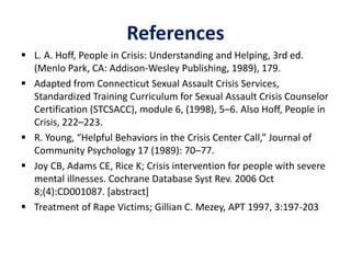 References
 L. A. Hoff, People in Crisis: Understanding and Helping, 3rd ed.
(Menlo Park, CA: Addison-Wesley Publishing, 1989), 179.
 Adapted from Connecticut Sexual Assault Crisis Services,
Standardized Training Curriculum for Sexual Assault Crisis Counselor
Certification (STCSACC), module 6, (1998), 5–6. Also Hoff, People in
Crisis, 222–223.
 R. Young, “Helpful Behaviors in the Crisis Center Call,” Journal of
Community Psychology 17 (1989): 70–77.
 Joy CB, Adams CE, Rice K; Crisis intervention for people with severe
mental illnesses. Cochrane Database Syst Rev. 2006 Oct
8;(4):CD001087. [abstract]
 Treatment of Rape Victims; Gillian C. Mezey, APT 1997, 3:197-203
 