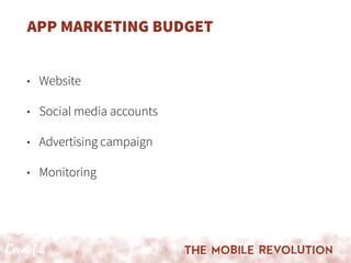 APP MARKETING BUDGET
• Website
• Social media accounts
• Advertising campaign
• Monitoring
 