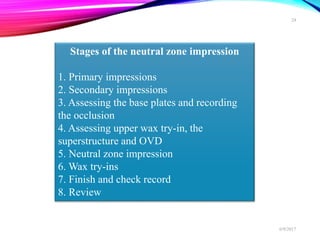 Stages of the neutral zone impression
1. Primary impressions
2. Secondary impressions
3. Assessing the base plates and recording
the occlusion
4. Assessing upper wax try-in, the
superstructure and OVD
5. Neutral zone impression
6. Wax try-ins
7. Finish and check record
8. Review
6/9/2017
24
 