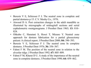 • Beresin V E, Schiesser F J. The neutral zone in complete and
partial dentures p 15. C.V. Mosby Co., 1978.
• Atwood D A. Post extraction changes in the adult mandible as
illustrated by micrographs of midsagitall sections and serial
cephalometric roentgenograms. J Prosthet Dent 1963; 13: 810–
824.
• Ohkubo C, Hanatani S, Hosoi T, Mizuno Y. Neutral zone
approach for denture fabrication for a partial glossectomy
patient: A clinical report. J Prosthet Dent 2000; 84: 390–393.
• Beresin V E, Schiesser F J. The neutral zone In complete
dentures. J Prosthet Dent 1976; 36: 356–367.
• Fahmi F M. The position of the neutral zone in relation to the
alveolar ridge. J Prosthet Dent 1992; 67: 805–809.
• Fahmi F M, Kharat D U. A study of the importance of the neutral
zone in complete dentures. J Prosthet Dent 1990; 64: 459–462.
6/9/2017
42
 