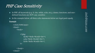 PHP Case Sensitivity
 In PHP, all keywords (e.g. if, else, while, echo, etc.), classes, functions, and user-
defined functions are NOT case-sensitive.
 In the example below, all three echo statements below are legal (and equal):
Example
<!DOCTYPE html>
<html>
<body>
<?php
ECHO "Hello World!<br>";
echo "Hello World!<br>";
EcHo "Hello World!<br>";
?>
</body>
</html>
 