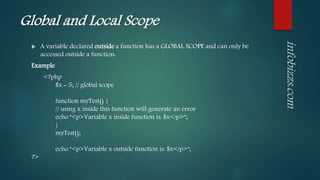 Global and Local Scope
 A variable declared outside a function has a GLOBAL SCOPE and can only be
accessed outside a function:
Example
<?php
$x = 5; // global scope
function myTest() {
// using x inside this function will generate an error
echo "<p>Variable x inside function is: $x</p>";
}
myTest();
echo "<p>Variable x outside function is: $x</p>";
?>
 