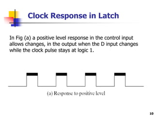 10
Clock Response in Latch
In Fig (a) a positive level response in the control input
allows changes, in the output when the D input changes
while the clock pulse stays at logic 1.
 