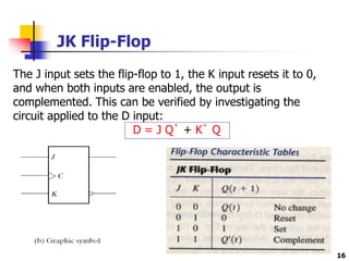 16
JK Flip-Flop
The J input sets the flip-flop to 1, the K input resets it to 0,
and when both inputs are enabled, the output is
complemented. This can be verified by investigating the
circuit applied to the D input:
D = J Q` + K` Q
 