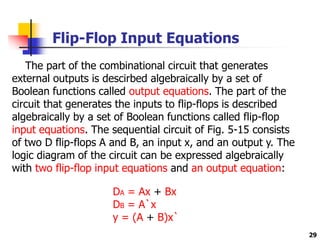 29
Flip-Flop Input Equations
The part of the combinational circuit that generates
external outputs is descirbed algebraically by a set of
Boolean functions called output equations. The part of the
circuit that generates the inputs to flip-flops is described
algebraically by a set of Boolean functions called flip-flop
input equations. The sequential circuit of Fig. 5-15 consists
of two D flip-flops A and B, an input x, and an output y. The
logic diagram of the circuit can be expressed algebraically
with two flip-flop input equations and an output equation:
DA = Ax + Bx
DB = A`x
y = (A + B)x`
 